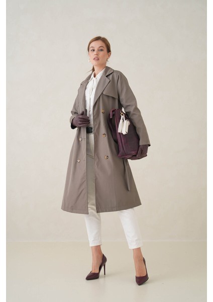 Su Geçirmez Kruvaze Yaka Sık Dokuma Kadın Trençkot