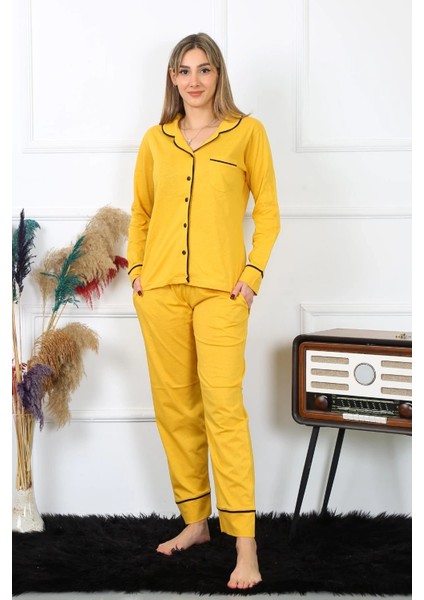 Moda Kadın Pamuk Penye Önden Düğmeli Uzun Kol Sarı Pijama Takım