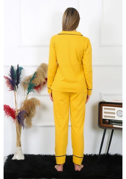 Moda Kadın Pamuk Penye Önden Düğmeli Uzun Kol Sarı Pijama Takım indirimleri