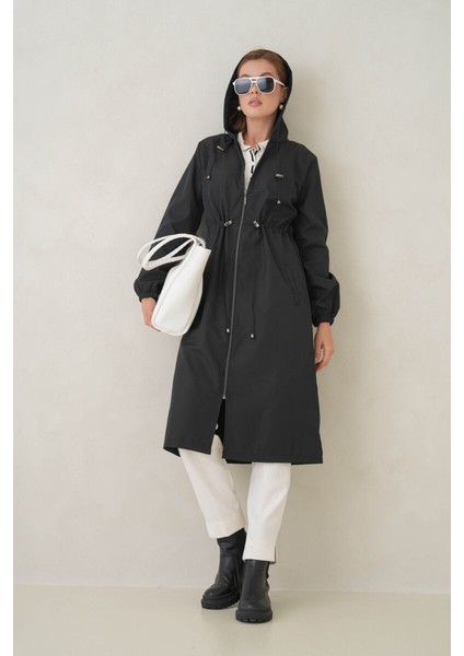 Su Geçirmez Kapüşonlu Fermuarlı Sık Dokuma Kadın Trençkot indirimleri
