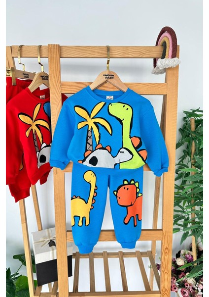 Dino Baskılı Renkli Erkek Çocuk 2 Li kışlık takım - Mavi
