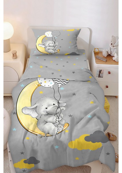 Sevimli Balon Tutan Fil Desenli Tek Kişilik Bebek Çocuk Nevresim Takımı