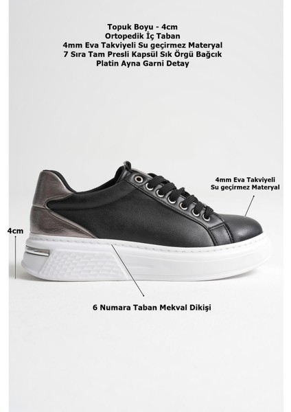 Vega Premium Platin Detaylı Siyah Kadın Sneaker