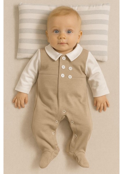 Erkek Bebek Bej Klasik Tulum – Gömlek Yaka Düğmeli Şık Pamuklu 128669 indirimleri