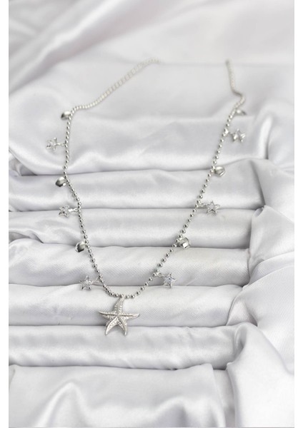 Pirinç Gümüş Renk Zirkon Taşlı Deniz Yıldızı Model Kadın Kolye