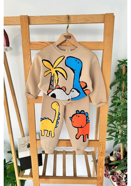 Dino Baskılı Renkli Erkek Çocuk 2 Li kışlık takım - Kahverengi