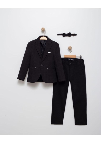 Erkek Çocuk Keten Spor Blazer Ceket, Pantolon ve Papyon Erkek Çocuk Takım Elbisesi - 4414K fırsatları