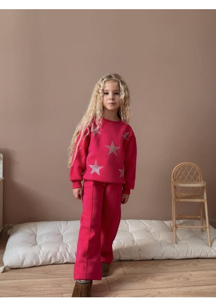 Yıldız Taş Detaylı 3 Iplik Şardonlu Kız Çocuk Eşofman Takımı - Kışlık Model 9098