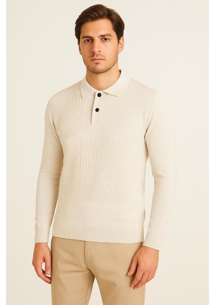 Erkek Kemik Rengi Polo Yaka 2 Düğmeli Triko Kazak 1293 K indirimleri