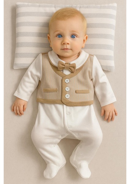 Erkek Bebek Bej Papyonlu Takım Görünümlü Tulum – Şık Yelek Detaylı Pamuklu 128665 fiyatları