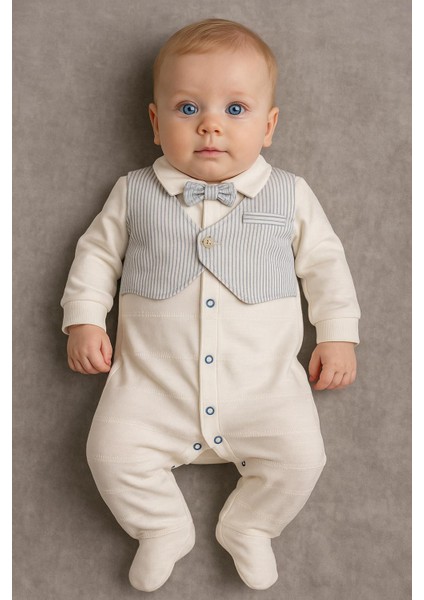 Erkek Bebek Mavi Çizgili Papyonlu Takım Görünümlü Tulum – Şık Yelek Detaylı Pamuklu 241172 fırsatları