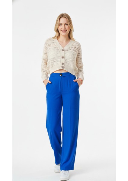 Kadın Ince Krep Kumaş Palazzo Parlament Mavi Pantolon | Cepli