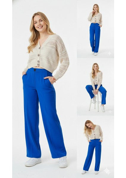 Kadın Ince Krep Kumaş Palazzo Parlament Mavi Pantolon | Cepli fiyatları