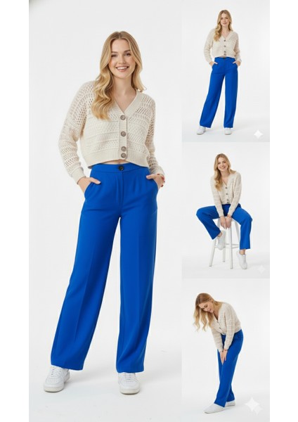 Kadın Ince Krep Kumaş Palazzo Parlament Mavi Pantolon | Cepli modelleri