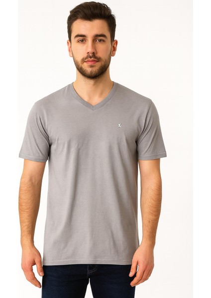 Erkek Gri V Yaka Basic Tişört – Günlük Rahat Şıklık 2398 fiyatları