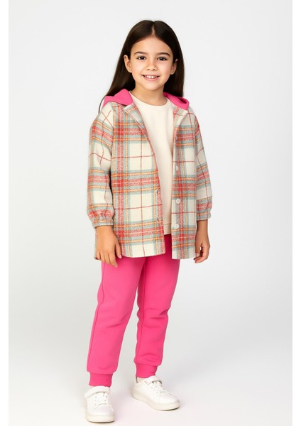 Kız Çocuk 3 Parça Pembe Eşofman Altı ve Ekoseli Kapüşonlu Gömlek Takım – Renkli ve Rahat Kombin 4140 modelleri