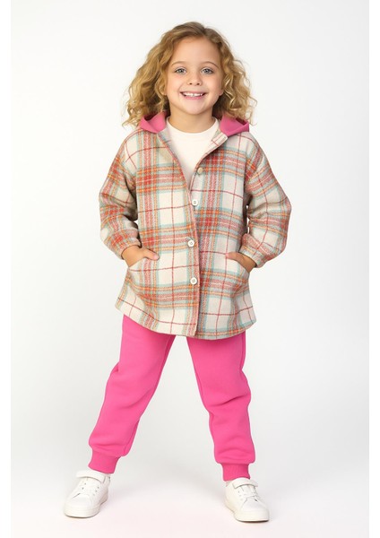 Kız Çocuk 3 Parça Pembe Eşofman Altı ve Ekoseli Kapüşonlu Gömlek Takım – Renkli ve Rahat Kombin 4140 fırsatları