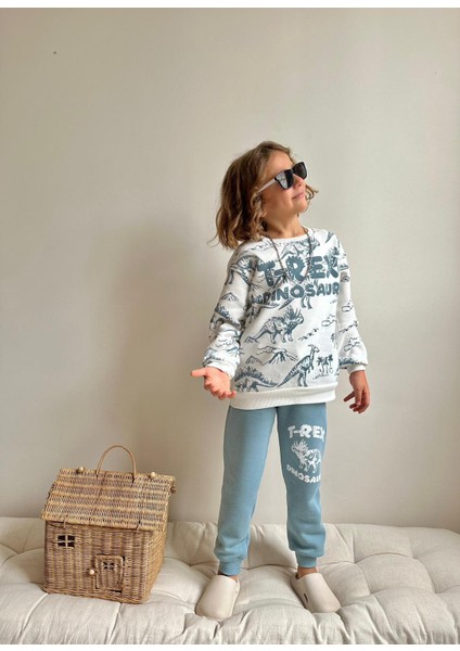 Baskılı 3 Iplik Şardonlu Erkek Çocuk Eşofman Takımı - Mavi Beyaz Kışlık Model 9101 modelleri