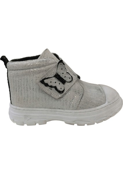 1001 Ridente Gümüş Simli Parlak Patik Kız Çocuk Bot % 100 Deri Kalın Tek Cırtlı