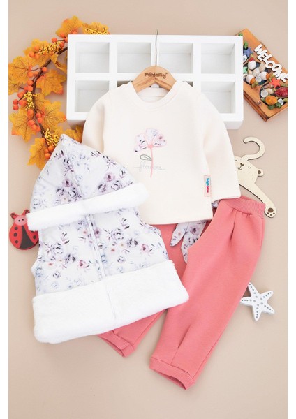 Kız Bebek Şardonlu Çiçekli Peluş Yelekli Takım 3 Parça 2603G