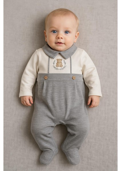 Erkek Bebek Gri Ayıcık Nakışlı Tulum – Şık Yaka Detaylı Pamuklu 128425 fırsatları