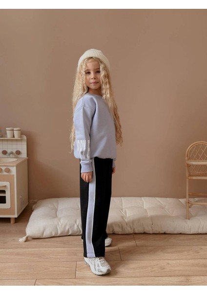 Lila Siyah Şeritli 3 Iplik Şardonlu Kız Çocuk Eşofman Takımı - Modern ve Rahat Kışlık Model 5045 modelleri