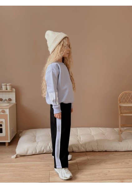 Lila Siyah Şeritli 3 Iplik Şardonlu Kız Çocuk Eşofman Takımı - Modern ve Rahat Kışlık Model 5045 indirimleri