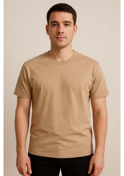 Erkek Bej Bisiklet Yaka Basic Tişört 1477 indirimleri