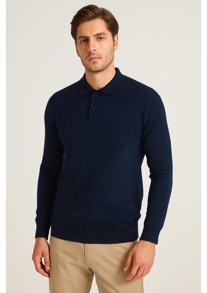 Erkek Polo Yaka Desenli Triko Kazak – Lacivert Uzun Kollu Şık Model 1293 L modelleri