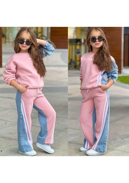 Kız Çocuk Kot Garnili Şeritli Şardonlu Üç Iplik Eşofman Takımı 43127P indirimleri