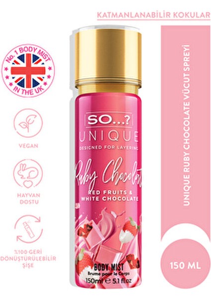 So...? Unique Ruby Chocolate Vücut Spreyi Şekerli Koku 150 ml Vegan ve Geri Dönüştürülebilir fırsatları