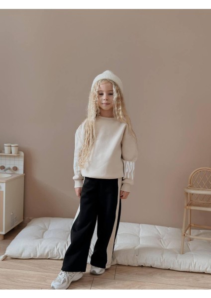 Siyah Şeritli 3 Iplik Şardonlu Kız Çocuk Eşofman Takımı - Modern ve Rahat Kışlık Model 5045K