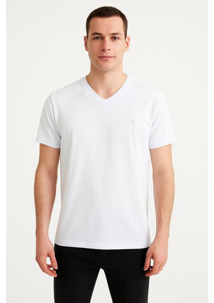 Erkek Beyaz V Yaka Basic Tişört – Günlük Şıklık 2398