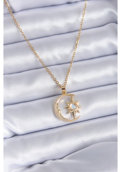 316L Çelik Gold Renk Zirkon Taşlı Ay Yıldız Model Kadın Kolye fiyatları