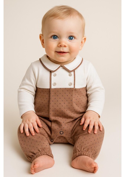 Erkek Bebek Kahverengi Desenli Tulum – Gömlek Yaka Şık Pamuklu 124984