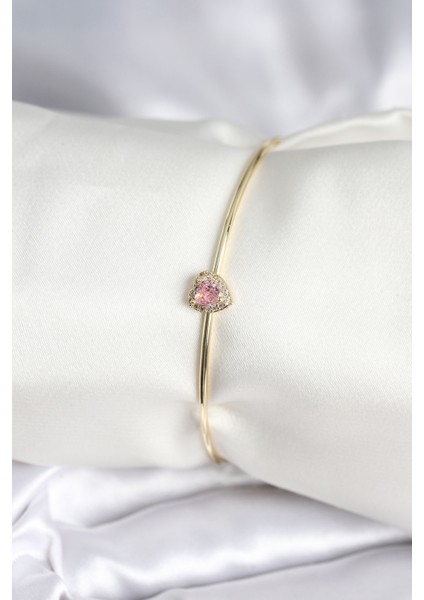 Pembe Zirkon Taşlı Kalp Model Gold Renk Kadın Bileklik fiyatları