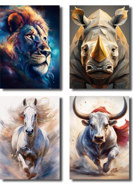 Çerçevesiz Poster 4 Adet Aslan,at,boğa,gergedan Dijital Baskılı Hayvanlar, Çerçeve,tablo Için Poster