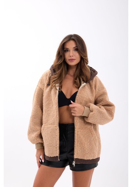 Peluş Kapüşonlu Fermuarlı Mont