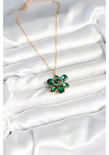 316L Çelik Zincirli Yeşil Çiçek Model Kadın Kolye