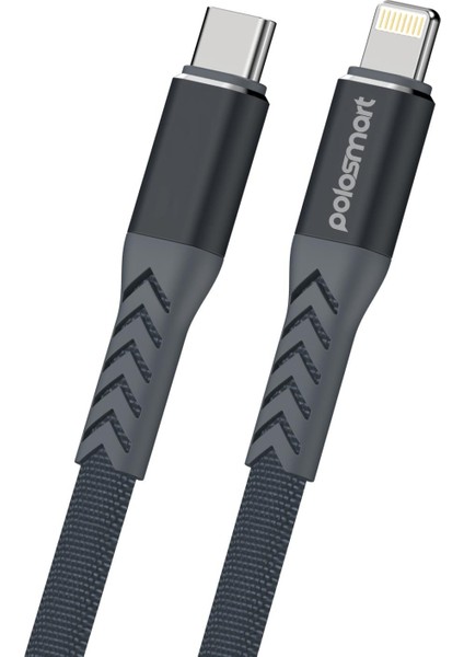 PBS410 20W Type-C To Lightning Ultra Dayanıklı Hızlı Şarj ve Data Kablosu Gri