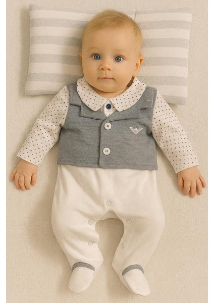 Erkek Bebek Gri Yelekli Takım Görünümlü Tulum – Uzun Kollu Düğmeli Pamuklu 128652 fırsatları