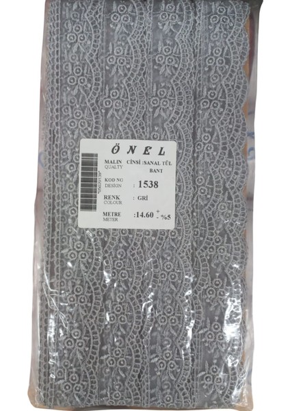 Dantel Polyester Sanal Tül Bant Gri 14,60 Metre En 3 cm ON-1538-G