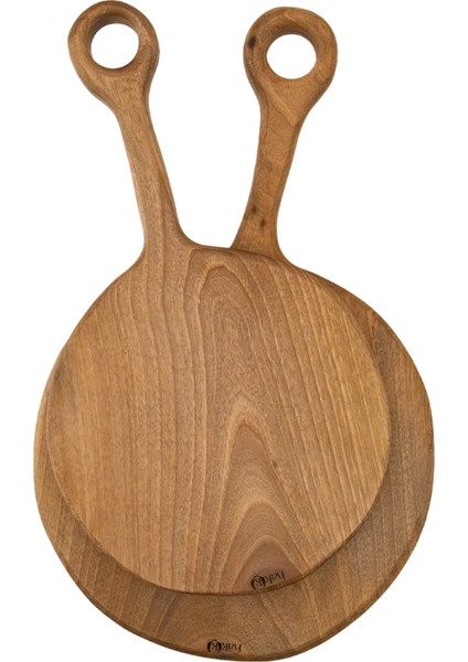 El Yapımı Doğal Yuvarlak Ceviz 2 Parça Kesme ve Sunum Tahtası 34 cm