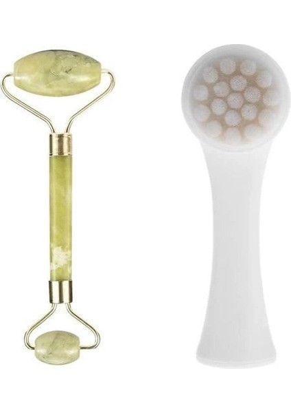 2li Set Çift Taraflı Cilt Temizleme Fırçası ve Yeşim Taşı Çift Taraflı Cilt Masaj Aleti