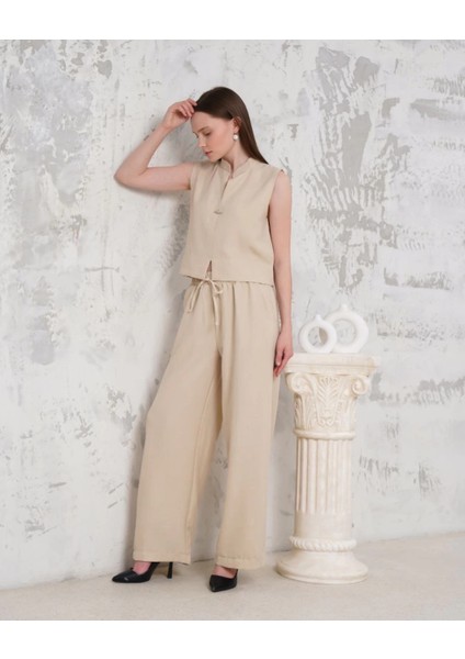Broşlu Yelek Pantolon Takım Bej S255821