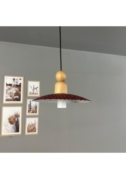 Zetra Vişne Çürüğü Metal Avize Tekli Kalın Ahşap Boncuk Başlık Modern Dekoratif Sarkıt Aydınlatma