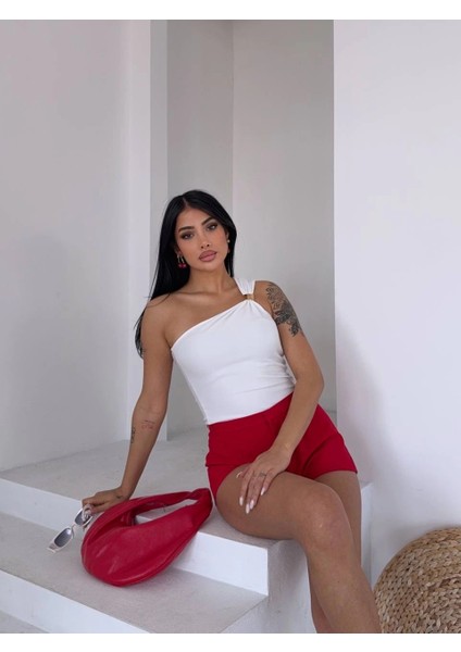 Tek Omuzlu Otoman Kumaş Gold Metal Detaylı Bluz S2311 modelleri