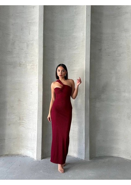 Krinkıl Tek Omuz Uzun Elbise Bordo S25455