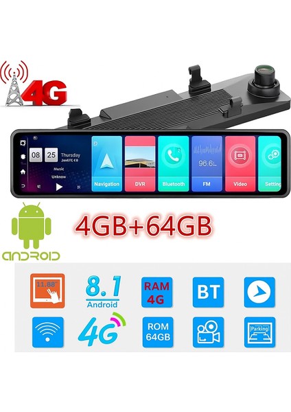 4g Hb-20-3 64 GB 12 Inç Dokunmatik Ayna Kamera Android Uzaktan Izlemeli 1080P Ön Arka Araç Kamera.
