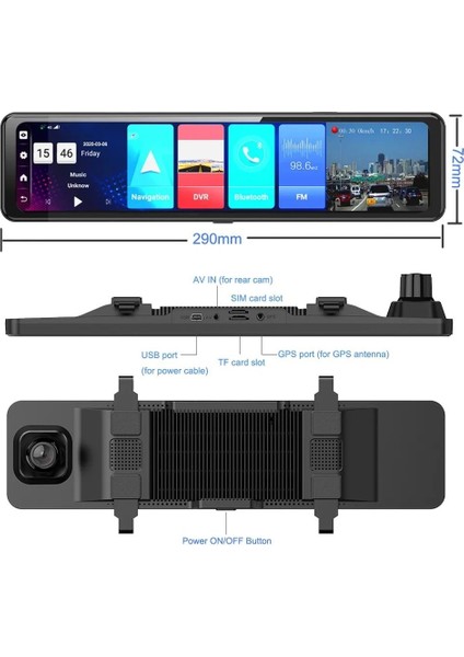 4g Hb-20-3 64 GB 12 Inç Dokunmatik Ayna Kamera Android Uzaktan Izlemeli 1080P Ön Arka Araç Kamera.